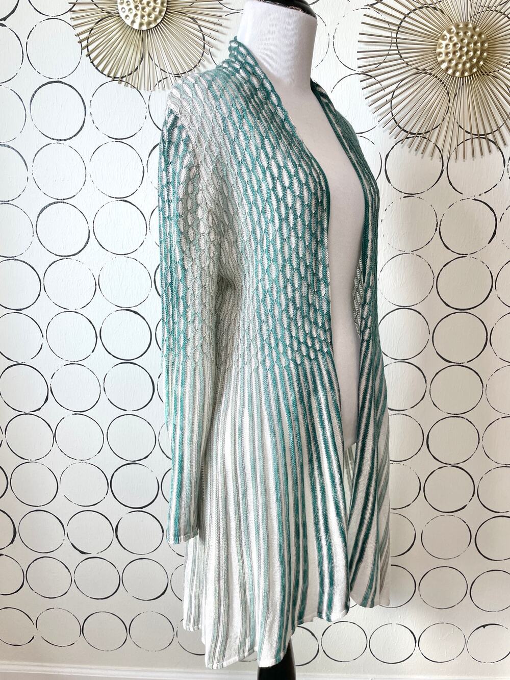 Nic & Zoe Womens Crochet Long Cardigan SP Teal Linen Blend Artsy Boho Lagenlook